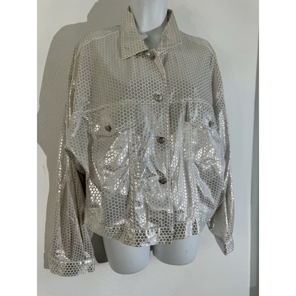 JOUJOU Womens Silver Dot Button Up Metallic Large 100% Cotton Made In USA